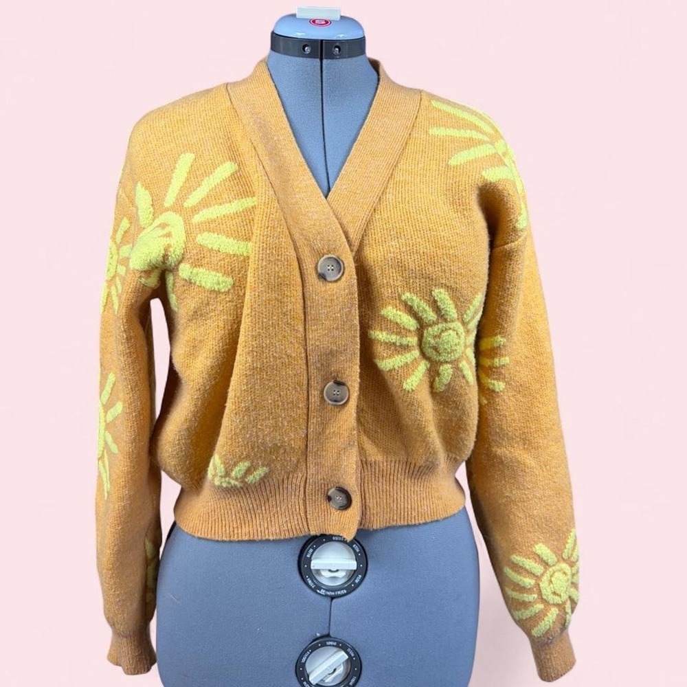 CIDER Smiley Sun Knit Cardigan Mustard Orange Neon Yellow Y2K Indie Womens Small